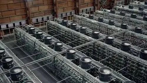 A bustling mining farm showcasing energy-efficient ASICs in a hosted environment