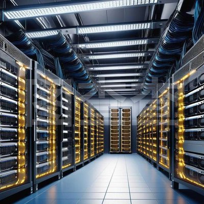 Renewable energy-powered cryptocurrency mining farm in France under clear skies